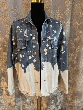 Ultra Distressed Bleached Two-Tone Denim Jacket - White & Blue Medium